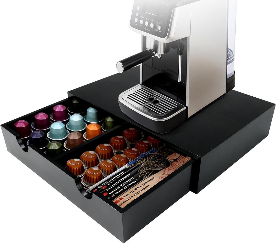 Coffee Pod 15" X 11" X 3" Natural Wood Countertop Organizer Drawer, Counter Top Espresso Tea Bag Station Storage Holder Box, Black