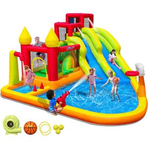 MIRUNAIR Inflatable Bounce House with Slides, Inflatable Water Slide for Kids Backyard, Bounce Water Prak with Air Blower, Splash Pool, Water Cannon, Climbing Wall, Outdoor Backyard Water Park, 175 x 175 x 95 inches
