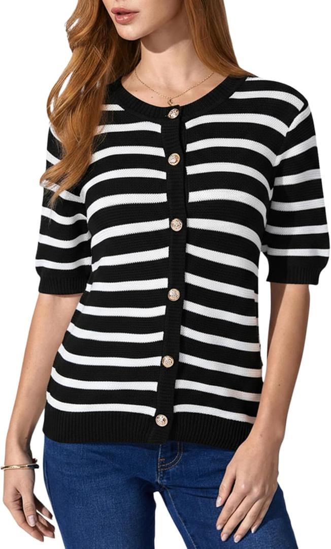 OYOANGLE Women's Short Sleeve Sweater Spring Summer Crochet Knit Top V Neck Striped Button Down Dressy Casual Blouse (M)
