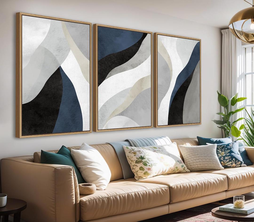 Large Abstract Framed Wall Art - Canvas Wall Art Pictures Prints for Living Room Decor Natural Float Framed Artwork for Bedroom Kitchen Home Office Decoration 48" X 24" Set of 3 Blue Grey, 16" X 24" X 3pieces Framed