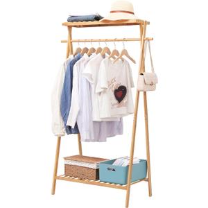 Jotsport Bamboo Clothing Garment Rack with 2 Tier Storage Shelf Clohes Hanging Stand Portable Closet Organizer for Bedroom Small Apartment Guest Room Laundry Room