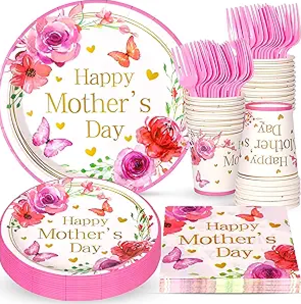 24 cups, 48 plates, 24 forks and knifes Mother's Day Plates Napkins and Cups Happy Mother's Day Party Supplies Pink Mom Flower Theme Tableware for Mommy Birthday Party Decorations