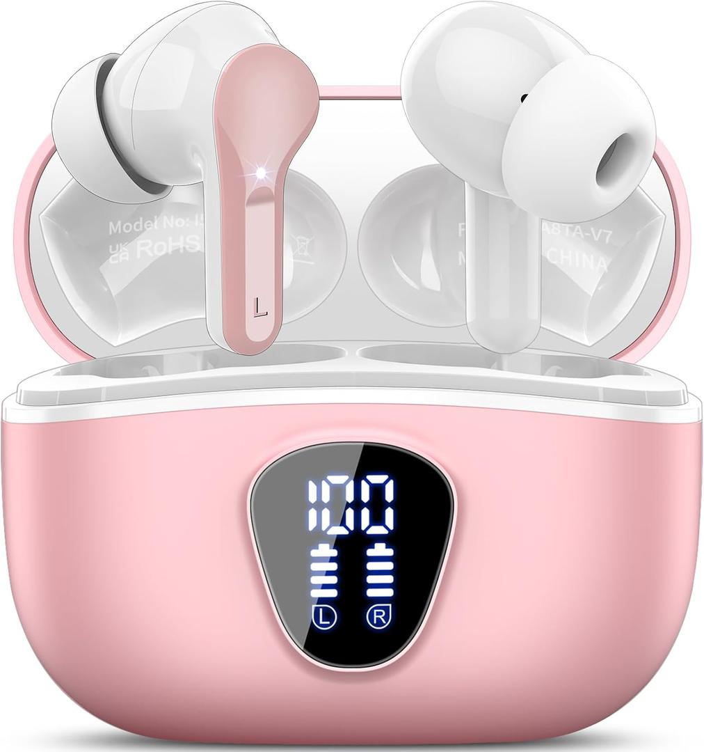Wireless Earbuds, Bluetooth 5.4 Headphones HiFi Stereo, Bluetooth Earbuds with ENC Noise Cancelling Mic, IP7 Waterproof in Ear Earphones, 48H, LED Display Ear Buds for Pad Phones Workout Sports, Pink