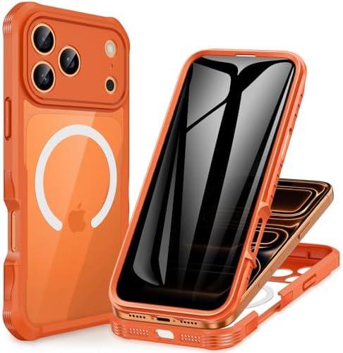 CENHUFO Magnetic Privacy for iPhone 17 Pro Case [Compatible with Magsafe] Full Body Phone Case Built-in 9H Tempered Glass Privacy Screen Protector, Camera Protection Shockproof Bumper Cover -Orange