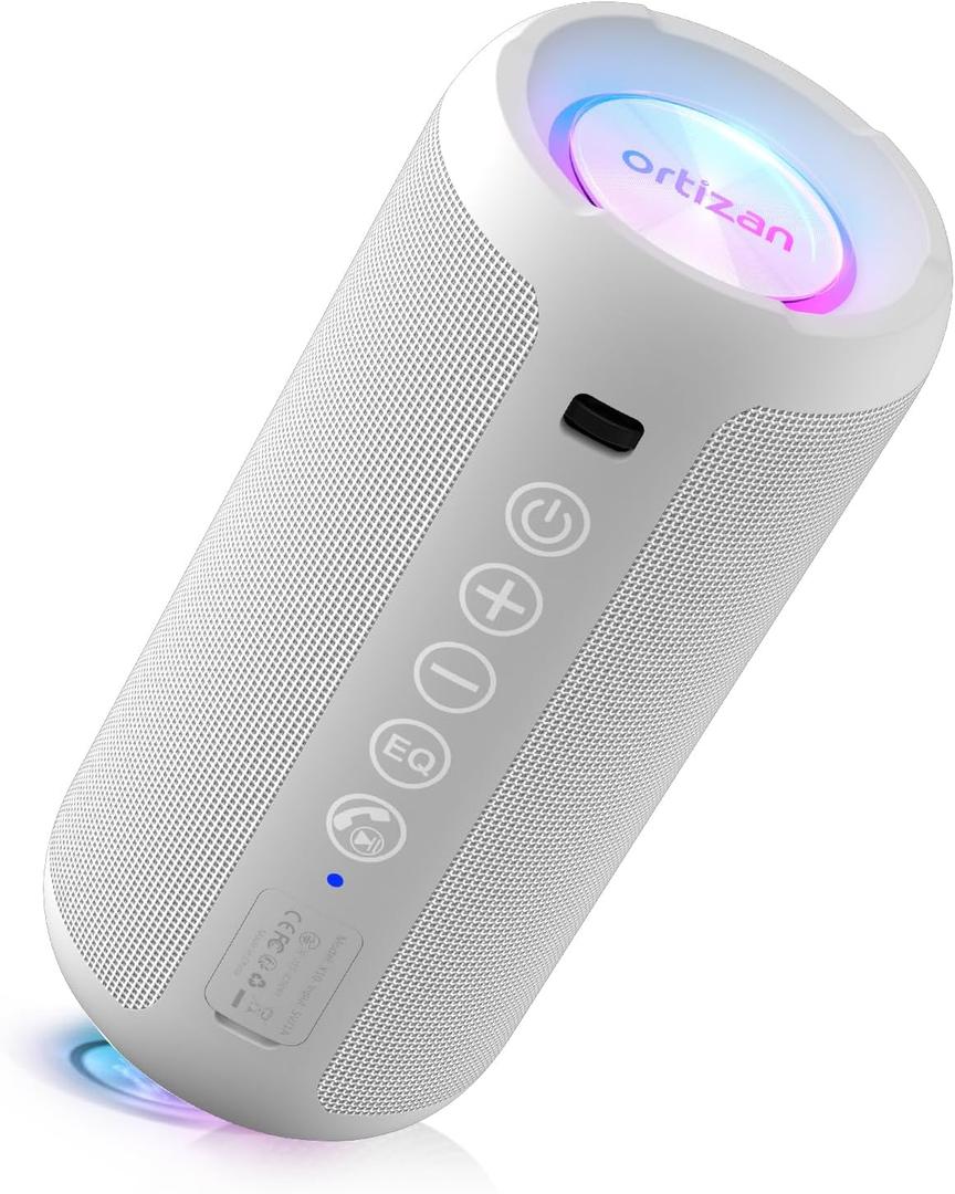 Ortizan Portable Bluetooth Speaker: IPX7 Waterproof, 24W Loud Sound, Deep Bass, Bluetooth 5.3, LED Lights, Wireless Stereo Pairing, 30H Playtime, for Home/Outdoor/Party/Beach, Birthday Gift (White)