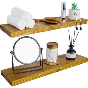 BGMG Wood Floating Shelves for Wall 24 inch Set of 2, Rustic Wooden Wall Mount Shelves for Living Room Bedroom Kitchen Farmhouse-24x6.7x1.25 inch- Gold Oak