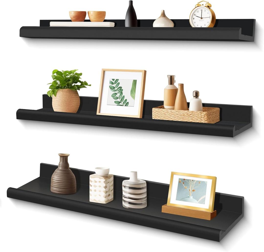 Annecy Floating Shelves Wall Mounted Set of 3, 23.6 Inch Black Rustic Wood Shelves, Storage Shelves with Guardrail Design for Bedroom, Bathroom, Kitchen, Office, 3 Different Sizes