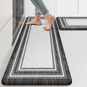 KIMODE Anti Fatigue Kitchen Mat 2PCS,Kitchen Rugs Non Slip Rubber Backing,Waterproof Farmhouse Kitchen Mat for Floor,Cushioned Standing Mat for Office,Laundry,Sink,Desk,Black and Grey (17.3" x 47 "+ 17.3" x 29 "--0.47 inches)