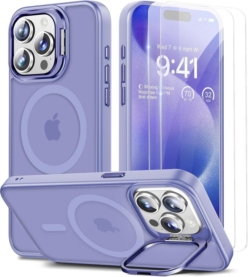 for iPhone 15 Pro Max Case, Built-in Camera Stand, with 2 Pcs Screen Protectors Fit for Magsafe, Matte Back Cover, Military Grade Shockproof Slim Magnetic Kickstand Phone Case, 6.7" Purple