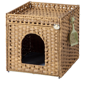 Cat Litter Box Enclosure Furniture, Hidden Litter Box with Mat and Fence, Handwoven Rattan Cat House with Two S-Shaped Hooks for Living Room, Bedroom, 18.5 x 20.5 x 19.1 Inches (Natural)