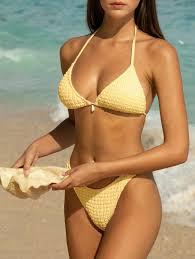 Seamolly Solid Color Textured Shell Decor Halter Triangle Cheeky Bikini Set Yellow M