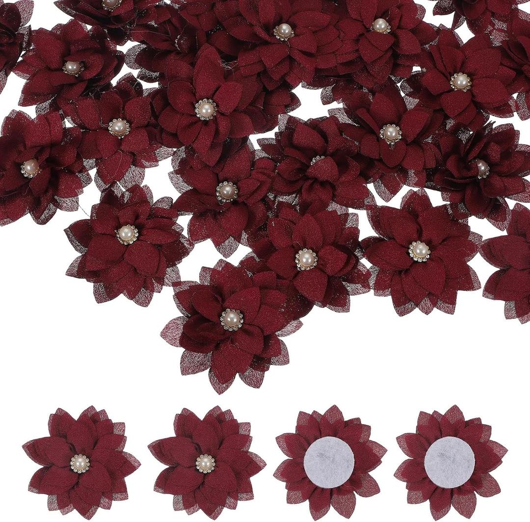 PATIKIL Fabric Flowers, 30 Pcs 2" Rhinestone Pearls Sewing Fabric Flowers for DIY Crafts Appliques Wedding Birthday Party Decoration, Maroon
