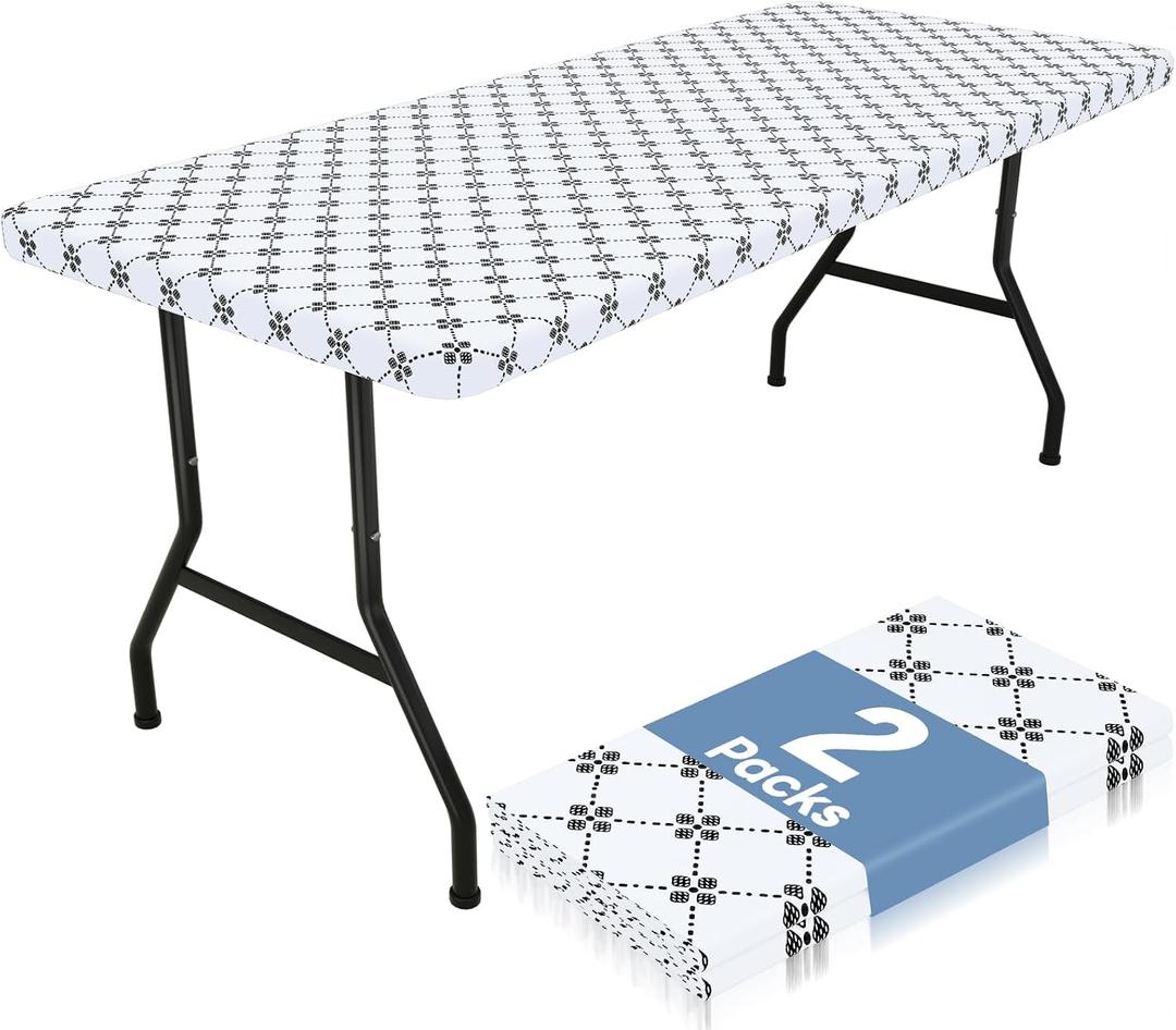 misaya 2 Pack Rectangle Vinyl Table Cloth, Elastic Fitted Tablecloth with Flannel Backing, Waterproof Plastic Table Cover Fits 6 Foot Folding Tables for Picnic, Camping and Outdoor (White, 30" x 72")