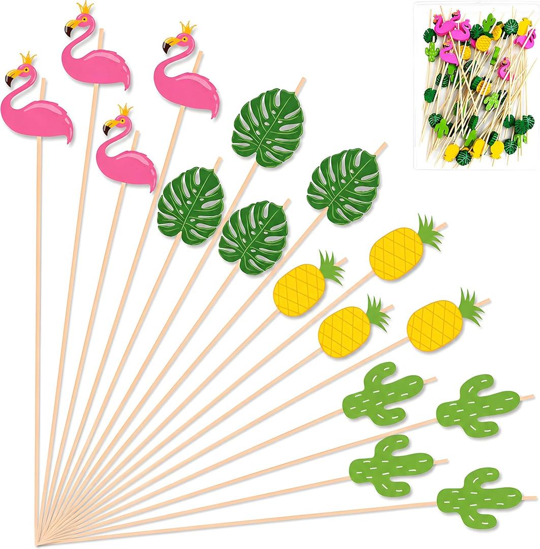 3 x Luau Party Decorations - 48 PCS Hawaiian Cocktail Picks | Tropical Party Favors Supplies Decor Accessories for Summer Beach Pool -Toothpicks for Appetizers Charcuterie Sandwich Cocktail Skewers Sticks
