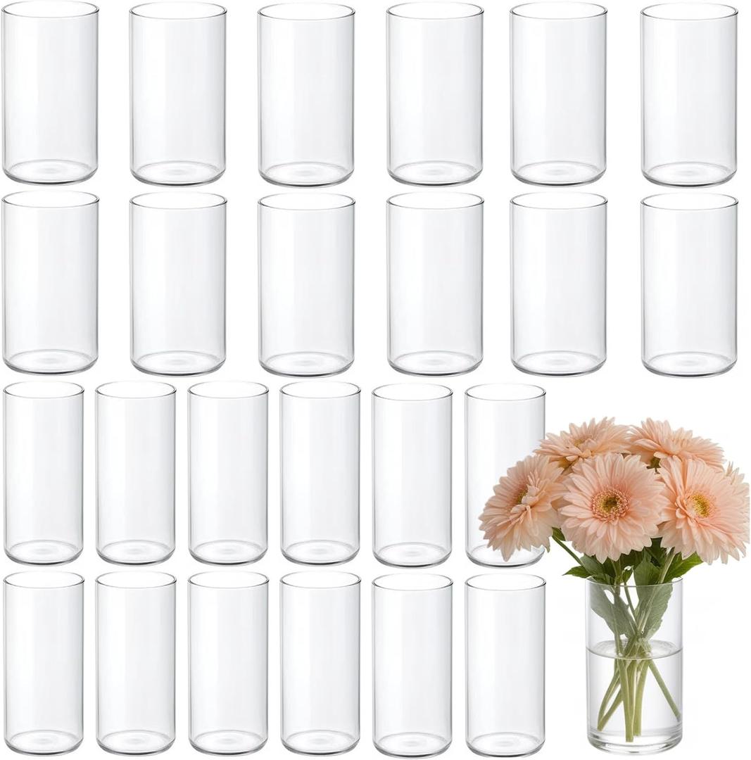 24 Pcs Glass Cylinder Vases for Centerpiece, 6 Inch Clear Cylinder Flower Vase Bulk Small Glass Candle Holder Vases for Wedding Home Party Decor (24)
