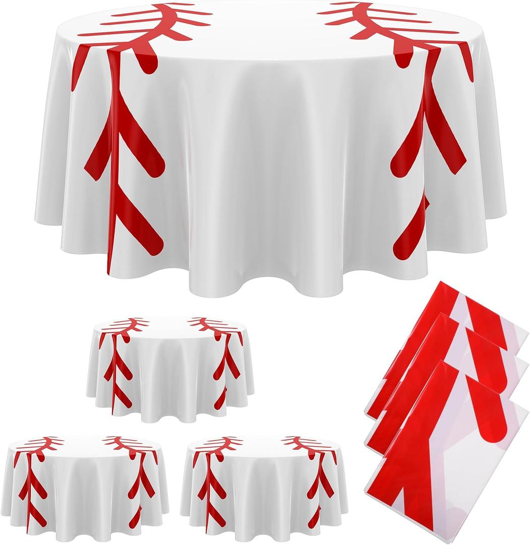 Oudain 6 Pcs Round Baseball Tablecloth 84" Plastic Red White Baseball Tablecloth Disposable Circle Softball Sports Table Cloth Art Design Thread Decoration for Dining Wedding Birthday Party