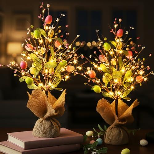 Vanthylit Easter Decorations, 2 Pack Easter Tree with Eggs Artificial Battery Powered Tabletop Centerpiece Lighted Artificial Tree for Holiday Party Spring Home Decor