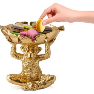 Adorable Monkey Decorative Bowl  Detailed Resin Sculpture w/Split Leaf Dish for Snacks, Nuts, Candies & More  Modern Decor Golden Finish for Keys or Jewelry