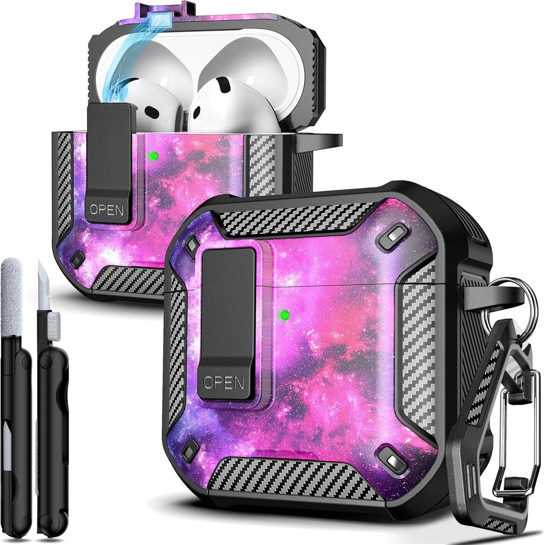 R-fun for AirPods 4 Case with Cleaning Kit,Carbon Fiber Elements Military Drop Proof Auto Pop up Cover, Phone Stand and Magnetic Base with Carabiner Hook Compatible with AirPods 4th Gen 2024,Starry