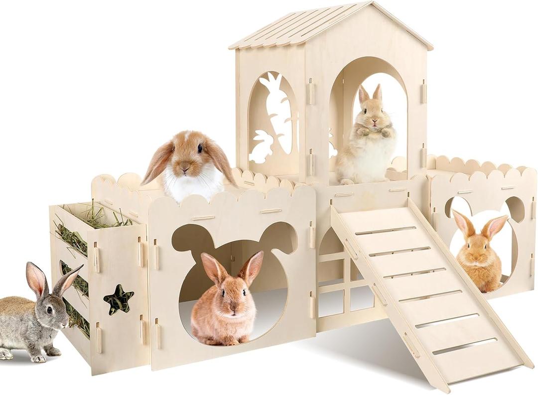 Extra Large Rabbit Castle, Wooden Bunny House & Hay Feeder, Detachable Rabbit Hideaway, Indoor Rabbit Castle with Ramp, Small Animal Houses & Habitats