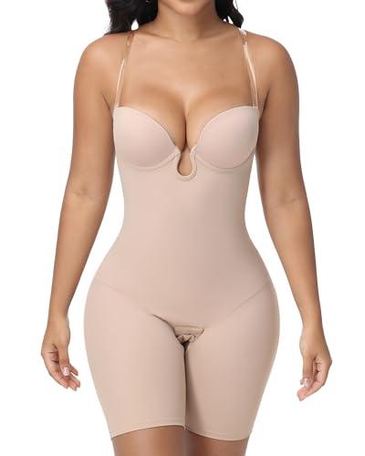 SHAPESHE Strapless Shapewear for Women U Plunge Backless Body Shaper Seamless Tummy Control Bra Bodysuit Low Back Butt Lifter Fajas Colombianas, M, Tan