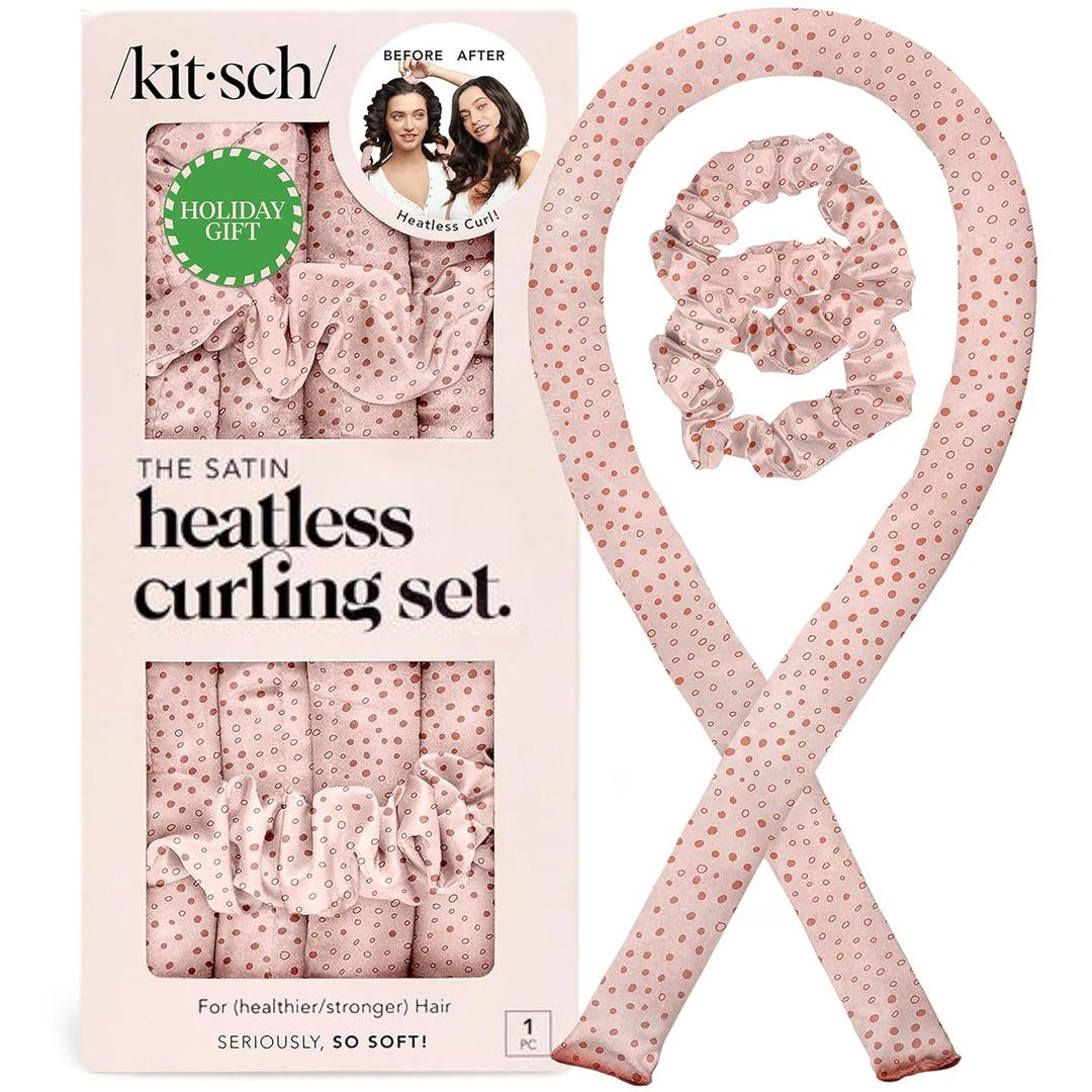 Kitsch Satin Heatless Curling Set  Heatless Curls Overnight with 34" Hair Curler & 2 Satin Scrunchies  Comfortable Hair Curlers to Sleep In for Frizz-Free, No Heat Damage Styling - Micro Dot