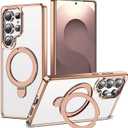 Compatible with Samsung Galaxy S25 Ultra Case with Magnetic Ring Stand [Compatible with Mag-Safe] Shockproof Plating Clear Phone Case for Samsung S25 Ultra 6.9", Desert Gold