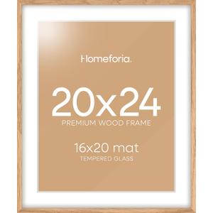 Homeforia 20x24 Picture Frame Wood, High End Natural Oak 20x24 Frame Matted to 16x20 Photo, 20 x 24 Light Wooden Poster Frames with Mat 16 by 20, 24by20 Thin Frames, Tempered Glass, Wall Kit, Set of 1