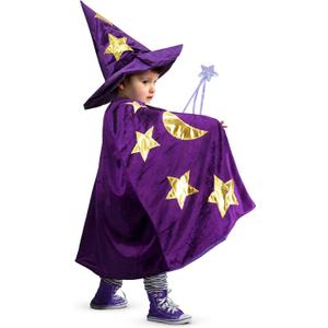 Kids Wizard Witch Cloak With Hat And Wand, Halloween Boys and Girls Cape Costume Props for Cosplay Party Fancy Dress (3pcs Witch Set - Purple)