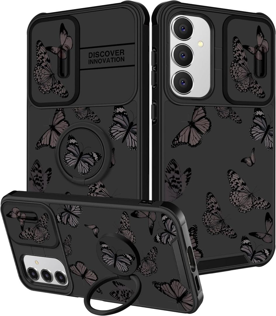 Funermei for Samsung Galaxy S24 FE Case - Women Girls Cute Phone Cover Girly Pretty Aesthetic Black Butterfly Unique Design with Camera Cover Ring Stand Funda for Samsung S24 FE Case
