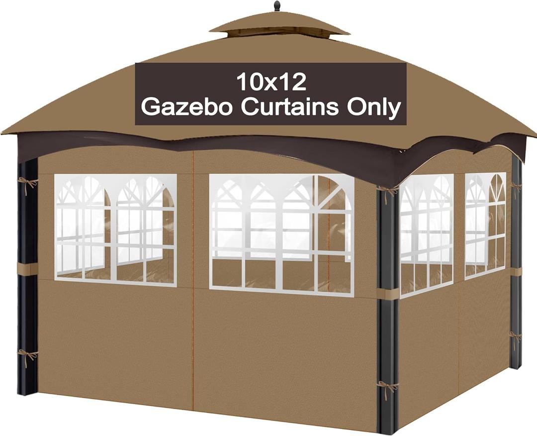 10'x12' Gazebo Curtains Outdoor Waterproof with PVC Windows, Outdoor 4-Panel Sidewalls Universal Replacement for Patio, Backyard(Curtains Only) (Khaki)