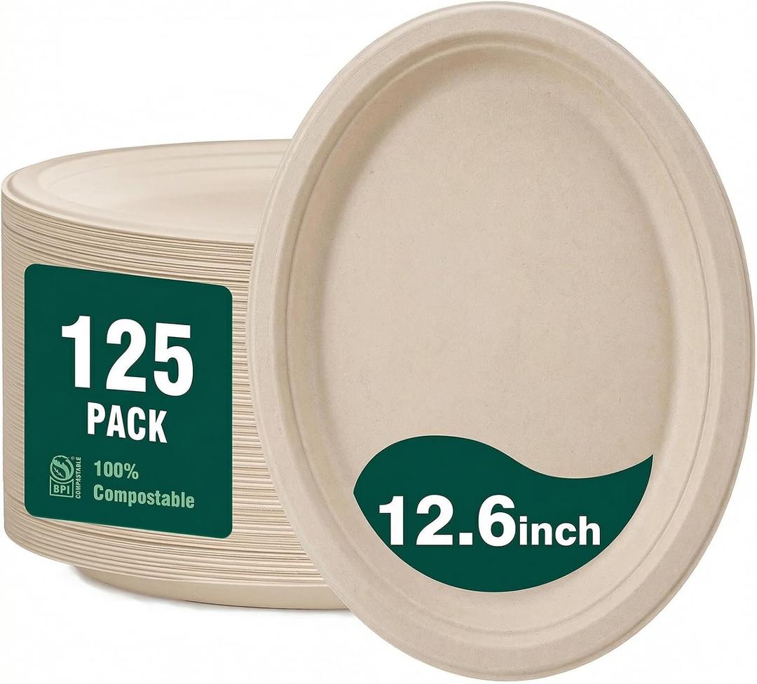 DaYammi 12 Inch Oval Paper Plates 125 Pack 100% Compostable Plates