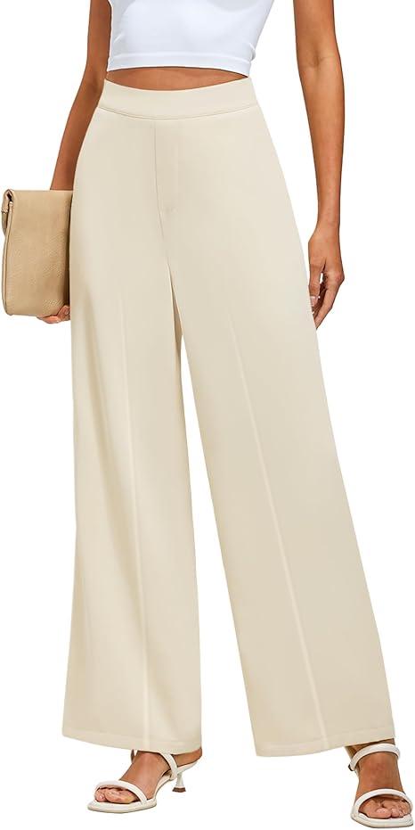 GRAPENT Wide Leg Dress Pants Women High Waisted Pull On Business Casual Work Pants Elastic Waist Dressy Trousers Pockets, Small