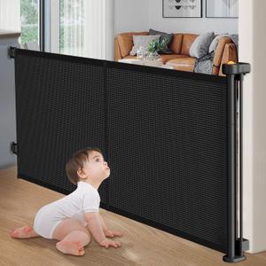 Upgrade Retractable Baby Gates, 35" Tall Extends up to 60" Wide, Mesh Dog Gate Indoor for Stairs, Outdoor Reinforced Pet Gate with Support Rods for Doorways Hallways Kitchen Bedroom, Black