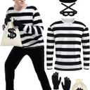 5 Pieces Halloween Costume Set, Men's Robber Costume Halloween Cosplay Burglar Accessories Striped Shirt for Adult