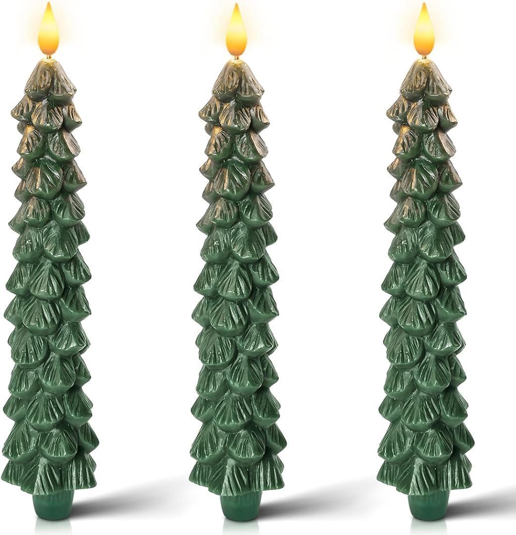 Homemory 3 PCS Flameless Taper Candles with 6-Hours Timer, 9.7 Inches Christmas Tree Candlesticks, Real Wax Battery Operated Window Candles with 3D Flickering Flame for Fireplace Christmas