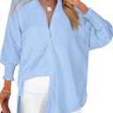 Womens Smocked Cuffed Striped Boyfriend Shirt Casual Collar Long Sleeve Oversized Button Down Blouse Tops with Pocket Shirred L