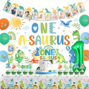 One a Saurus Birthday Decorations for Boys Dinosaur 1st Birthday Decoration with Dinosaur Birthday Photo Banner One a Saurus Birthday Backdrop, Cake Cupcake Toppers Dinosaur Bday Tablecloth