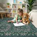 GarveeHome 8x10 Floral Washable Rug, Dark Green Vintage Boho Low Pile Non Slip Area Rug, Soft Botanical Indoor Throw Rug for Living Room, Entryway, Bedroom, Dining Room