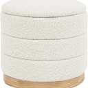 Round Storage Ottoman with Reversible Tray Lid, Folding Chenille Fabric Footrest with Hidden Storage, 15.4" Footstool for Small Spaces Living Room Bedroom, Wood Grain Base, Cream White, 15.4"D x 15.4"W x 14.6"H
