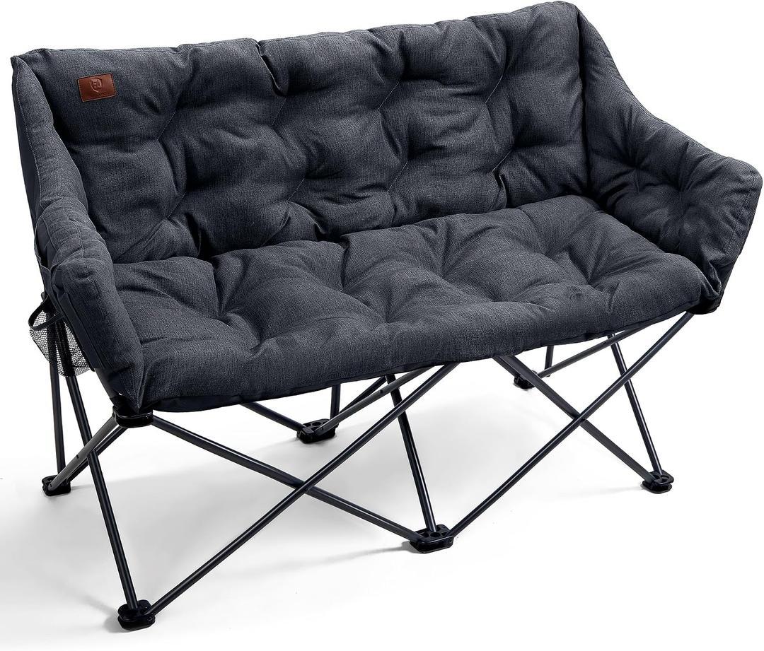 EVER ADVANCED Double Camping Chair for Adults, Padded Folding Camping Loveseat Bench with Side Pocket Portable Camping Couch, Two Person Heavy Duty Outdoor Chair with Cushion,Support 600lbs, Black
