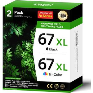 KingKJ Compatible 67XL Ink Cartridge Replacement for HP DeskJet 2700 2700e 2755 2755e 2752 4155e 2855e 4100 4100e 4155 4255e Envy 6000 6055 6400 6455e 6458 1255, Black, Tri-color, 2-Pack