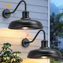 16 Inch Dome Dusk to Dawn Gooseneck Barn Light Outdoor, Large Farmhouse Exterior Light Fixture Wall Mount, Industrial Outdoor Wall Sconce Outside Lantern for House, Porch, Garage, Entryway, Black, 16 Inch Diameter