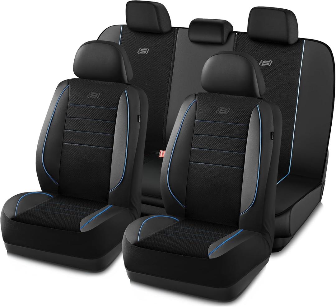 Skechers Air-Cooled Memory Foam Seat Covers,Mesh Thick Car Seat Covers,Piping Leather Car Seat Cover,Airbag Compatible,Automotive Comfort for Most Cars, Vans, Trucks, SUV(Blue,Full Set) (Black and Blue)