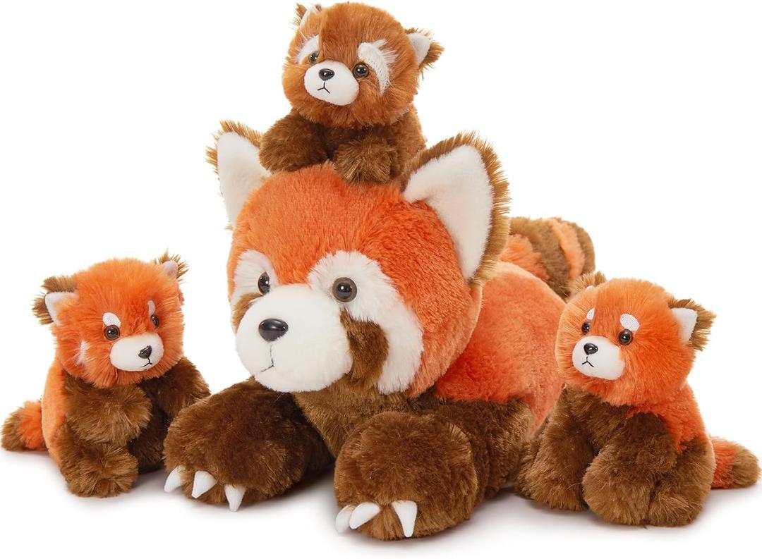 MorisMos Red Panda Stuffed Animal, Stuffed Mommy Red Panda Plush Toy with 3 Baby Pandas, Realistic Plushie Toy Gift for Kids Girls Boys 17.7 Inches