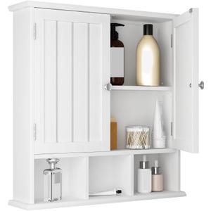 ChooChoo Bathroom Cabinet Wall Mounted 2-Door with 3 Open Shelves, Wooden Medicine Cabinets with Adjustable Shelf, Space Saver Storage Cabinets Over The Toilet for Bathroom&Living Room, White