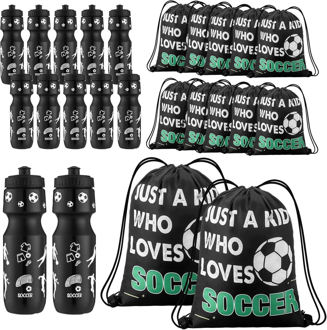 Reallnaive 24 Pcs Soccer Party Favors 24 oz Soccer Gift Water Bottle with Drawstring Bag Set Goodie Bags for Sports Team Gifts Birthday Decoration