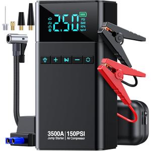 10-in-1 Portable Car Battery Jump Starter with Air Compressor 3500A 21800mAh 150PSI Jump Starter 12V Jump Box (All Gas 12L Diesel), Car Battery Jumper Starter Portable Jumper Cables, Lights (Black)