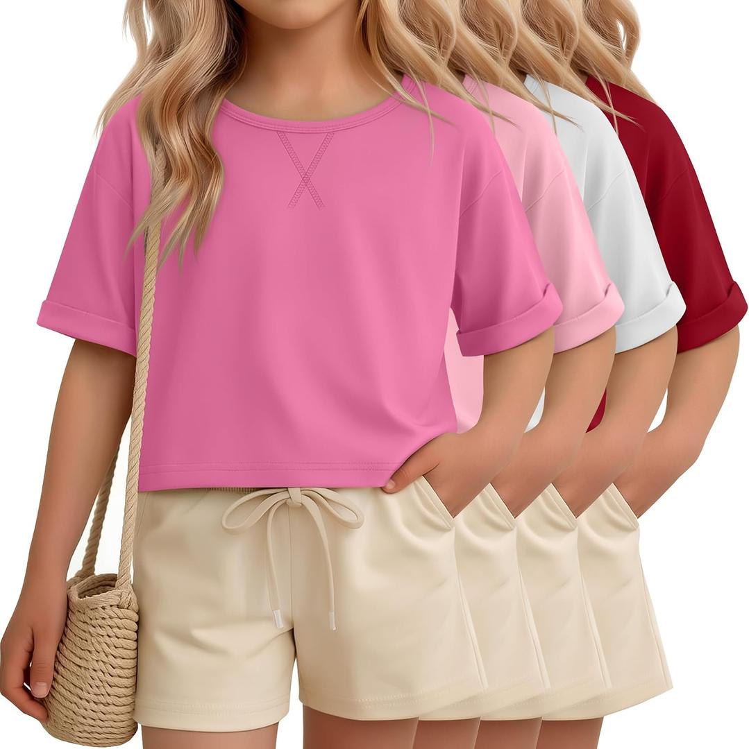 Oakgarden 4 Pack Girls Crop Shirts Summer Short Sleeve Tops Kids Oversized Cute School Tees for 5-14 Years Multipack