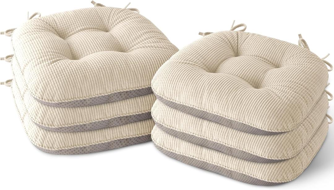 Indoor Dining Chair Cushions Set of 6 Kitchen Chair Pads with Ties Tufted Seat Cushion with Anti-Slip Backing 17"X16"X3" Cream